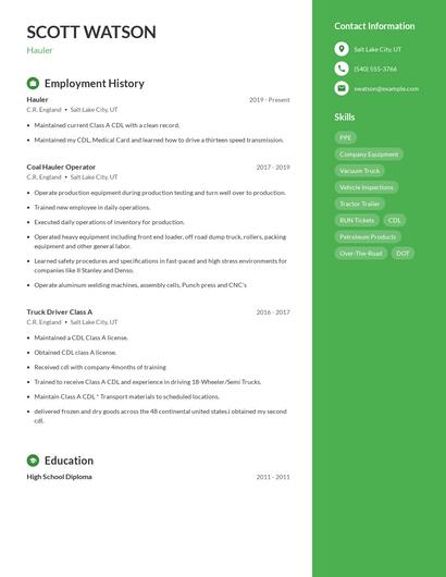 Hauler Resume