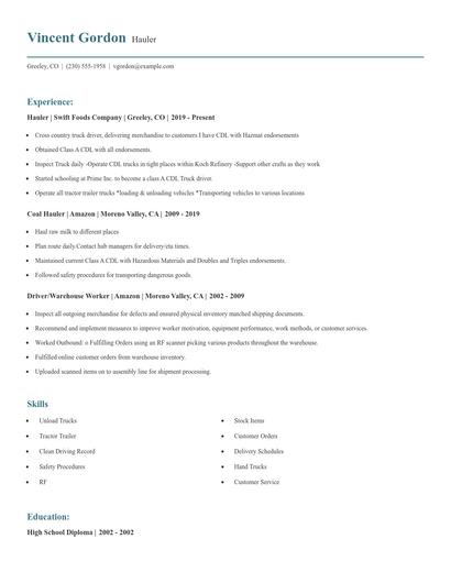 Hauler Resume