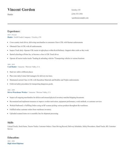 Hauler Resume