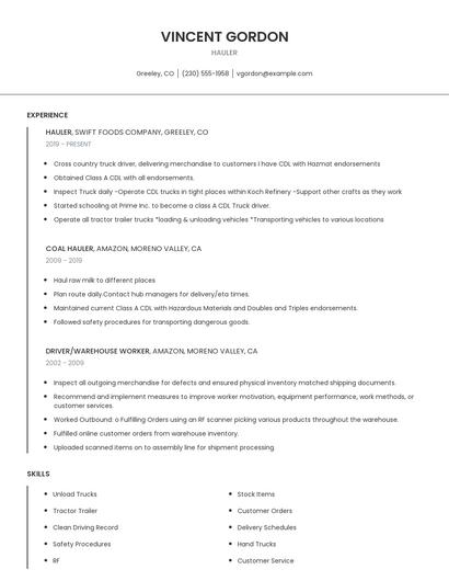 Hauler Resume