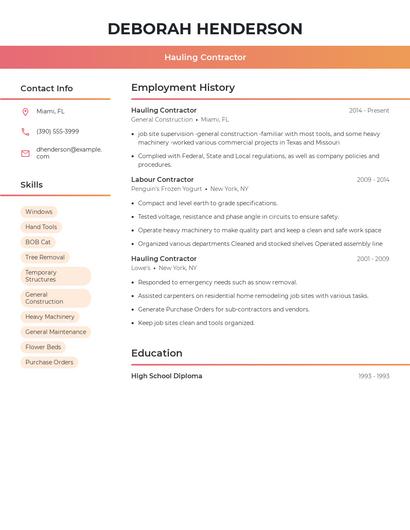 Hauling Contractor Resume