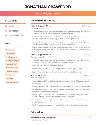 Hazard Mitigation Officer Resume