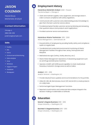 Hazardous Materials Analyst Resume