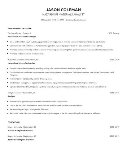 Hazardous Materials Analyst Resume