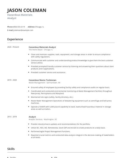 Hazardous Materials Analyst Resume