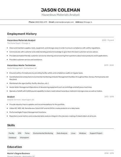Hazardous Materials Analyst Resume