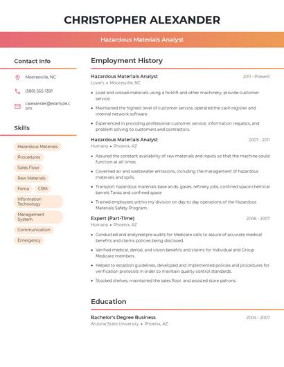 Hazardous Materials Analyst Resume