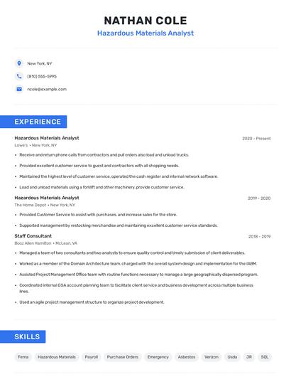 Hazardous Materials Analyst Resume