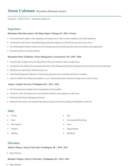Hazardous Materials Analyst Resume