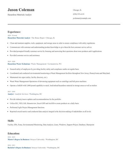 Hazardous Materials Analyst Resume