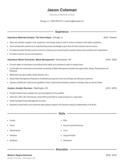 Hazardous Materials Analyst Resume