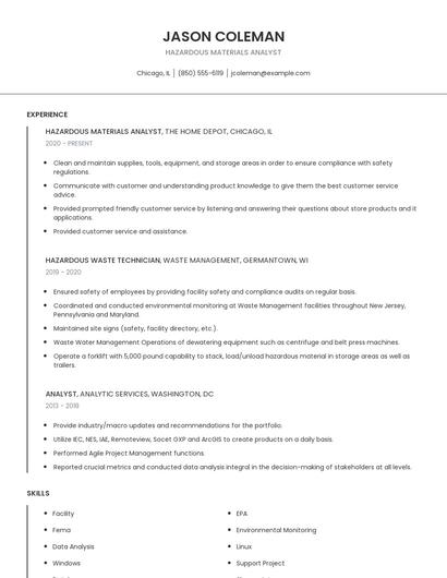 Hazardous Materials Analyst Resume