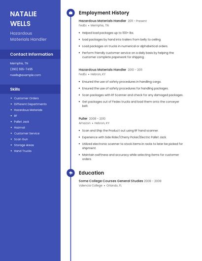 Hazardous Materials Handler Resume