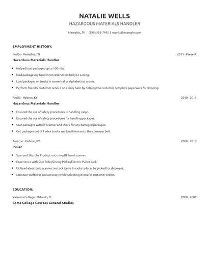 Hazardous Materials Handler Resume