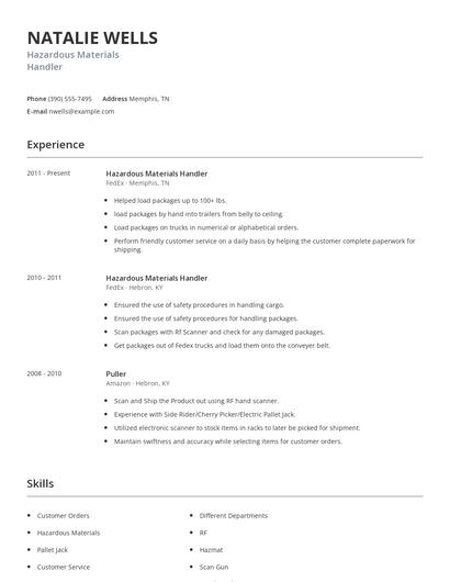 Hazardous Materials Handler Resume