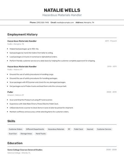 Hazardous Materials Handler Resume