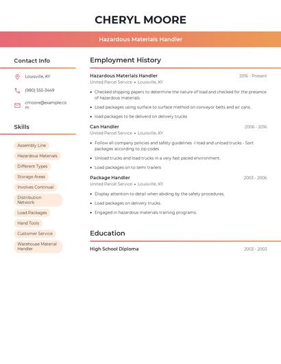 Hazardous Materials Handler Resume
