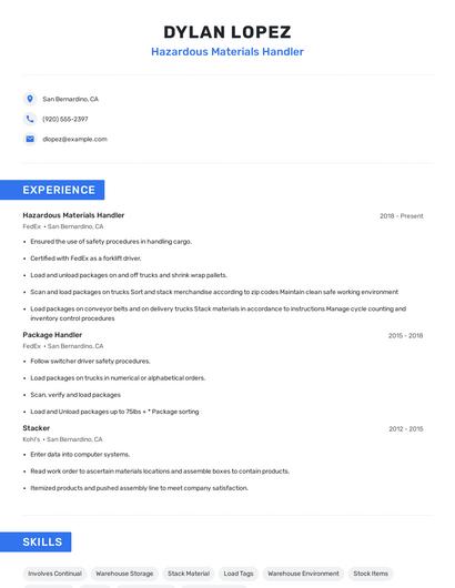 Hazardous Materials Handler Resume