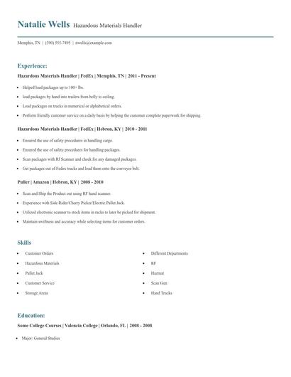 Hazardous Materials Handler Resume