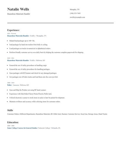 Hazardous Materials Handler Resume