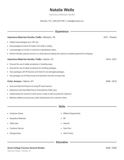 Hazardous Materials Handler Resume