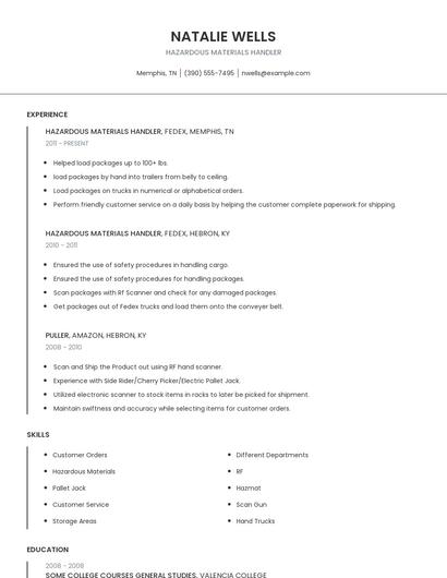 Hazardous Materials Handler Resume