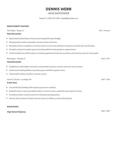 Head Bartender Resume