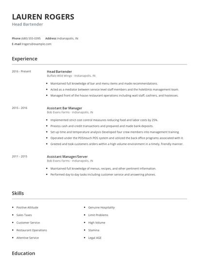 Head Bartender Resume