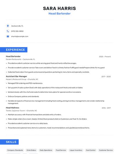 Head Bartender Resume