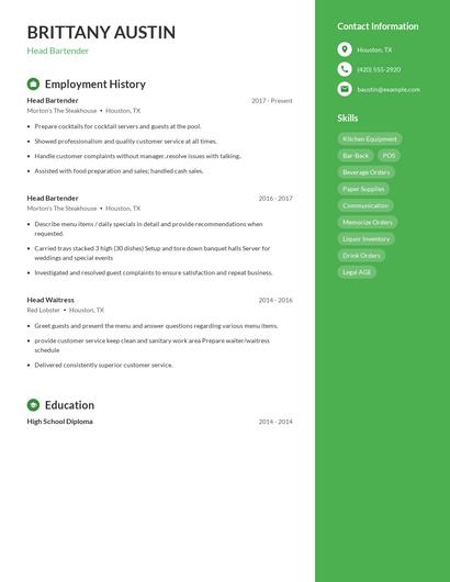 Head Bartender Resume