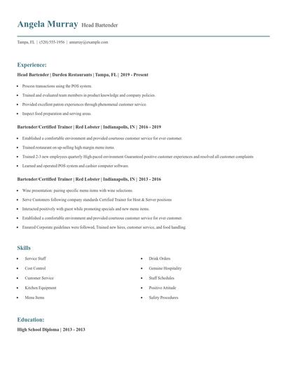 Head Bartender Resume