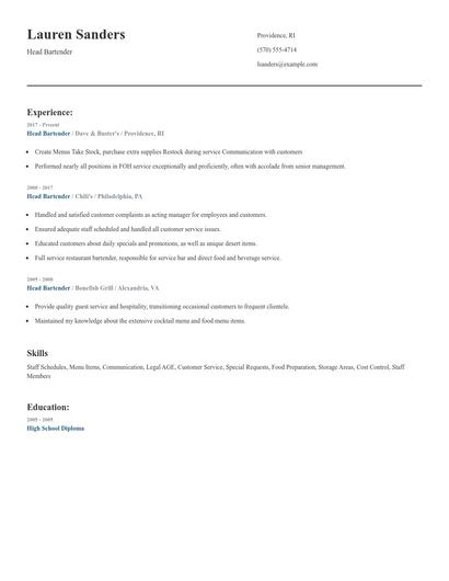 Head Bartender Resume