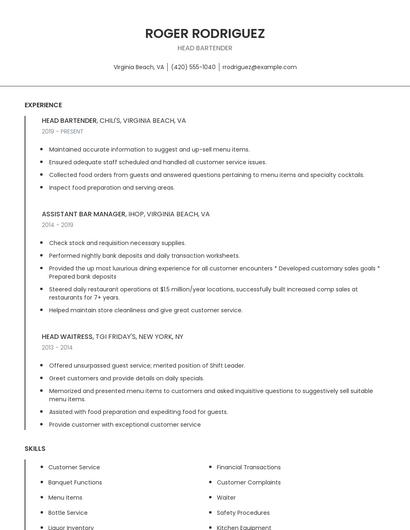 Head Bartender Resume