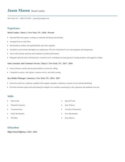 Head Cashier Resume