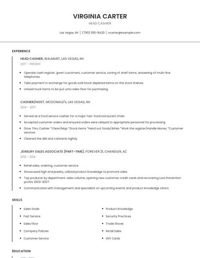 Head Cashier Resume