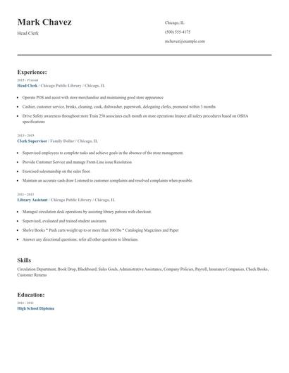 Head Clerk Resume