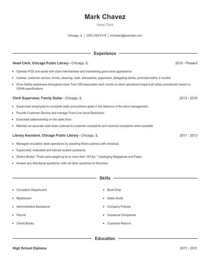 Head Clerk Resume