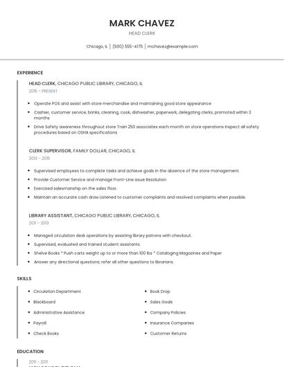 Head Clerk Resume