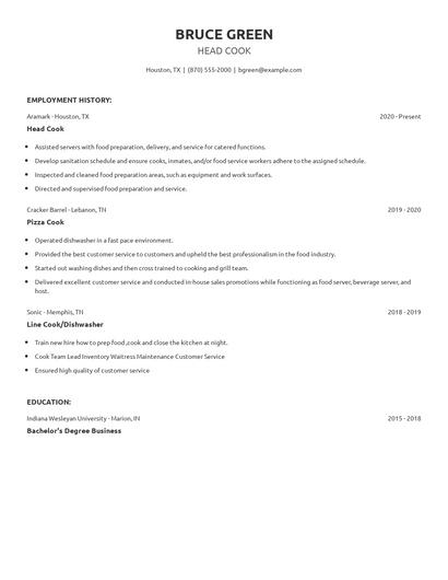 Head Cook Resume