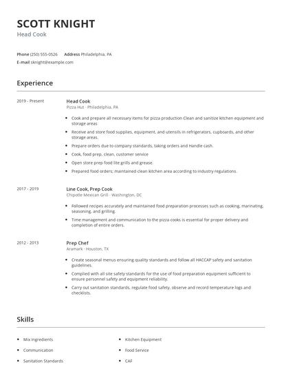 Head Cook Resume