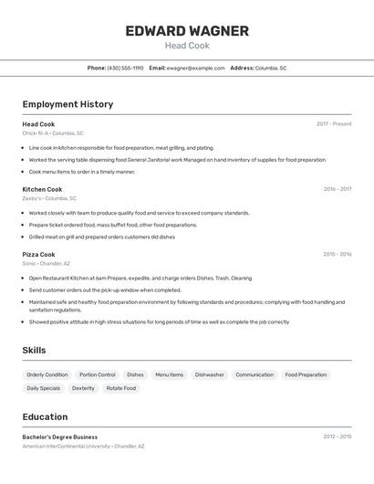 Head Cook Resume