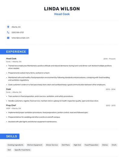 Head Cook Resume