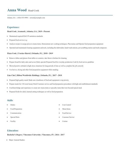 Head Cook Resume