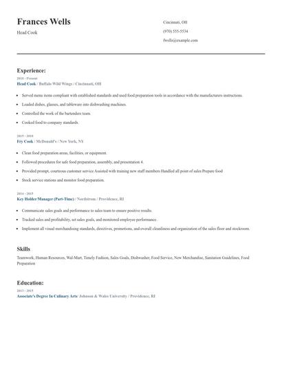 Head Cook Resume