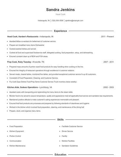 Head Cook Resume