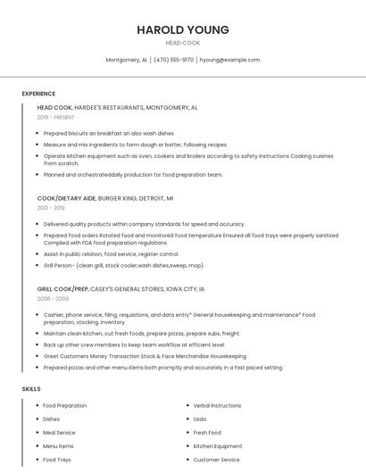 Head Cook Resume
