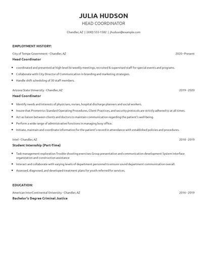 Head Coordinator Resume