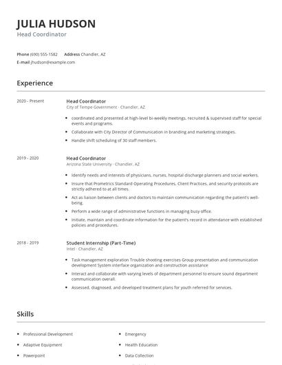 Head Coordinator Resume
