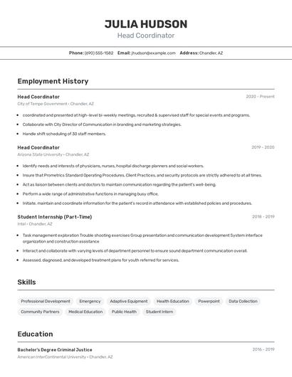 Head Coordinator Resume