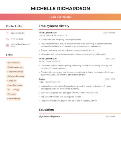 Head Coordinator Resume